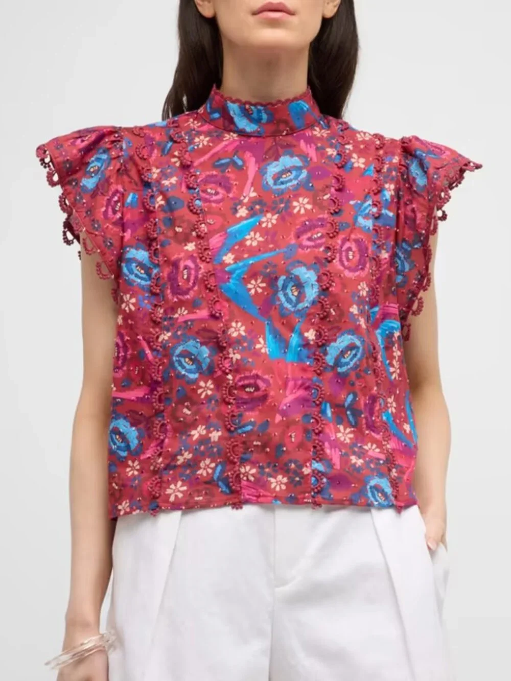 Farm Rio Floral Birds Embellished Lace Ruffle-Sleeve Blouse Top Size S Mock $189